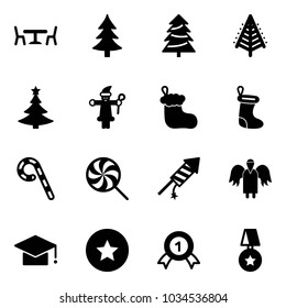 Solid vector icon set - cafe vector, christmas tree, santa claus, sock, lollipop, firework rocket, angel, graduate hat, star medal, gold
