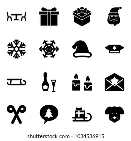Solid vector icon set - cafe vector, gift, santa claus, snowflake, christmas hat, candy, sleigh, wine, candle, star letter, stick, merry message, dog