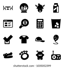 Solid vector icon set - cafe vector, snowball house, christmas deer hat, milk, website, search money, calculator, garbage, check, t shirt, cap, balloon smile, crocodile, beanbag, toy monster, radio