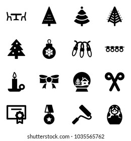 Solid vector icon set - cafe vector, christmas tree, ball, garland, candle, bow, snowball house, santa stick, certificate, star medal, paint roller, russian doll