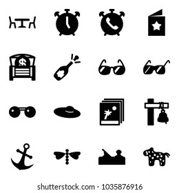 Solid vector icon set - cafe vector, alarm clock, phone, star postcard, money chest, fizz opening, sunglasses, woman hat, photo, ship bell, anchor, dragonfly, jointer, toy horse
