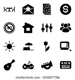 Solid vector icon set - cafe vector, star letter, breads, dollar coin, end minimal speed limit road sign, home, settings, group, sun, inflatable pool, tulip, monoblock pc, guitar, gamepad, horn toy