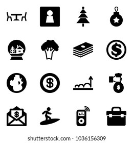 Solid vector icon set - cafe vector, female wc, christmas tree, ball, snowball house, broccoli, dollar, globe, growth, rich, mail, surfing, music player, tool box