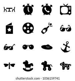 Solid vector icon set - cafe vector, alarm clock, phone, tv, star postcard, film coil, fizz opening, sunglasses, woman hat, anchor, dragonfly, rocking horse, wheel, toy