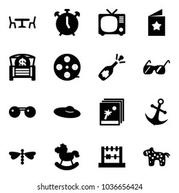Solid vector icon set - cafe vector, alarm clock, tv, star postcard, money chest, film coil, fizz opening, sunglasses, woman hat, photo, anchor, dragonfly, rocking horse, abacus, toy