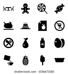 Solid vector icon set - cafe vector, cake man, lollipop, candy, turkey, diet list, no alcohol sign, fork spoon plate, pear, milk, eggs, cereal, pineapple, ice cream, basin