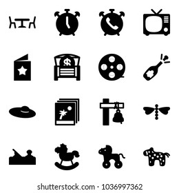 Solid vector icon set - cafe vector, alarm clock, phone, tv, star postcard, money chest, film coil, fizz opening, woman hat, photo, ship bell, dragonfly, jointer, rocking horse, wheel, toy
