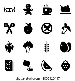 Solid vector icon set - cafe vector, cake man, tea, turkey, santa stick, apple, fork spoon plate, banana, sweet pepper, broccoli, spica, eggs, breads, cereal, watermelone, strawberry