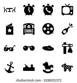Solid vector icon set - cafe vector, alarm clock, phone, tv, star postcard, money chest, film coil, fizz opening, sunglasses, woman hat, ship bell, anchor, jointer, rocking horse, toy