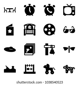 Solid vector icon set - cafe vector, alarm clock, phone, tv, star postcard, money chest, film coil, sunglasses, woman hat, photo, ship bell, dragonfly, jointer, abacus, wheel horse, toy