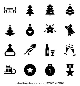 Solid vector icon set - cafe vector, christmas tree, ball, star, bell, hat, firework rocket, wine, glasses, sleigh gift, medal, gold