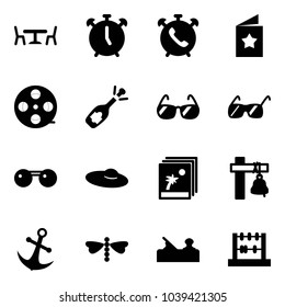 Solid vector icon set - cafe vector, alarm clock, phone, star postcard, film coil, fizz opening, sunglasses, woman hat, photo, ship bell, anchor, dragonfly, jointer, abacus