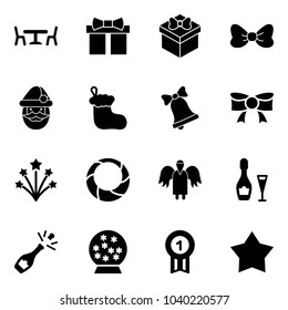 Solid vector icon set - cafe vector, gift, bow, santa claus, christmas sock, bell, firework, wreath, angel, wine, champagne, snowball, gold medal, star
