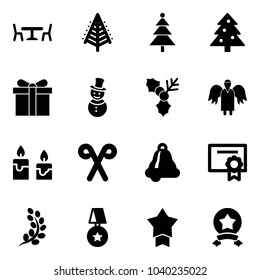 Solid vector icon set - cafe vector, christmas tree, gift, snowman, holly, angel, candle, santa stick, bell, certificate, golden branch, star medal