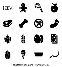Solid vector icon set - cafe vector, cake man, lollipop, apple, meat, broken bone, fork spoon plate, eggplant, sweet pepper, spica, eggs, breads, pineapple, ice cream, basin, sickle