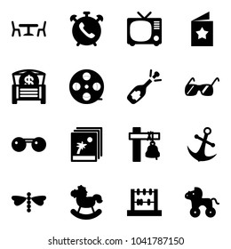 Solid vector icon set - cafe vector, phone alarm, tv, star postcard, money chest, film coil, fizz opening, sunglasses, photo, ship bell, anchor, dragonfly, rocking horse, abacus, wheel