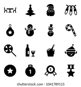 Solid vector icon set - cafe vector, christmas tree, santa claus, garland, ball, snowman, lollipop, wine, champagne, elf, star medal, gold