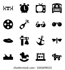Solid vector icon set - cafe vector, alarm clock, tv, money chest, film coil, fizz opening, sunglasses, woman hat, ship bell, anchor, dragonfly, jointer, rocking horse, abacus, toy