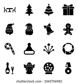 Solid vector icon set - cafe vector, christmas tree, gift, santa claus, bell, cake man, lollipop, hat, firework, wreath, wine, angel, snowball, star medal