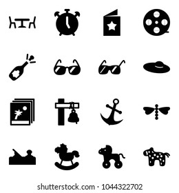 Solid vector icon set - cafe vector, alarm clock, star postcard, film coil, fizz opening, sunglasses, woman hat, photo, ship bell, anchor, dragonfly, jointer, rocking horse, wheel, toy