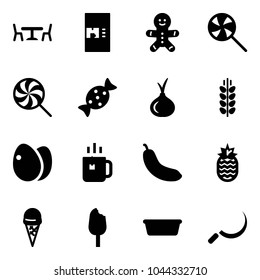 Solid vector icon set - cafe vector, coffee machine, cake man, lollipop, candy, onion, spica, eggs, green tea, banana, pineapple, ice cream, basin, sickle