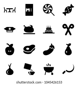 Solid vector icon set - cafe vector, coffee machine, lollipop, candy, turkey, cake, santa stick, apple, meat, eggplant, pear, onion, cereal, grill, sickle
