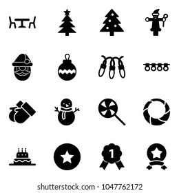 Solid vector icon set - cafe vector, christmas tree, santa claus, ball, garland, gloves, snowman, lollipop, wreath, cake, star medal, gold