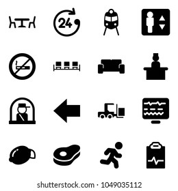 Solid vector icon set - cafe vector, 24 hours, train, elevator, no smoking sign, waiting area, vip, recieptionist, officer window, left arrow, fork loader, diagnostic monitor, lemon, meat, run
