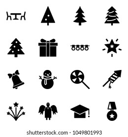 Solid vector icon set - cafe vector, christmas tree, gift, garland, star, bell, snowman, lollipop, firework rocket, angel, graduate hat, medal