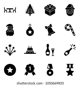 Solid vector icon set - cafe vector, christmas tree, gift, santa claus, ball, bell, lollipop, firework, cake, wine, champagne, star medal, gold