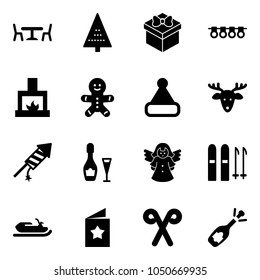 Solid vector icon set - cafe vector, christmas tree, gift, garland, fireplace, cake man, hat, deer, firework rocket, wine, angel, ski, snowmobile, star postcard, santa stick, fizz opening