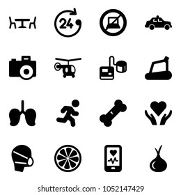 Solid vector icon set - cafe vector, 24 hours, no computer sign, safety car, camera, helicopter, tonometer, treadmill, lungs, run, broken bone, heart care, medical mask, lemon slice, mobile monitor