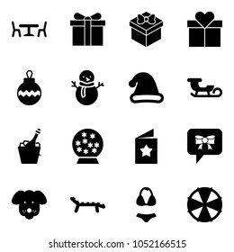 Solid vector icon set - cafe vector, gift, christmas ball, snowman, hat, sleigh, champagne, snowball, star postcard, bow message, dog, lounger, swimsuit, parasol