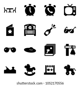 Solid vector icon set - cafe vector, alarm clock, phone, tv, star postcard, money chest, fizz opening, sunglasses, woman hat, photo, ship bell, jointer, rocking horse, abacus, wheel