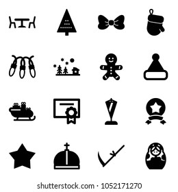 Solid vector icon set - cafe vector, christmas tree, bow, glove, garland, landscape, cake man, hat, santa sleigh, certificate, pennant, star medal, crown, scythe, russian doll