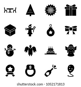 Solid vector icon set - cafe vector, christmas tree, firework, gift, santa claus, ball, bow, snowman, angel, cake, star medal, finger ring, fizz opening, balloon smile