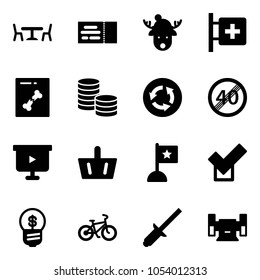 Solid vector icon set - cafe vector, ticket, christmas deer hat, first aid room, x ray, coin, circle road sign, end speed limit, presentation board, basket, flag, check, business idea, bike, clinch