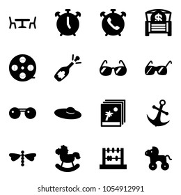Solid vector icon set - cafe vector, alarm clock, phone, money chest, film coil, fizz opening, sunglasses, woman hat, photo, anchor, dragonfly, rocking horse, abacus, wheel