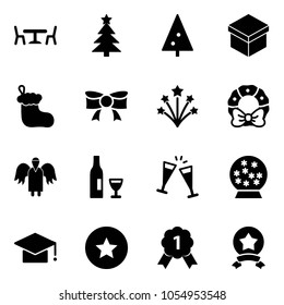 Solid vector icon set - cafe vector, christmas tree, gift, sock, bow, firework, wreath, angel, wine, glasses, snowball, graduate hat, star medal, gold