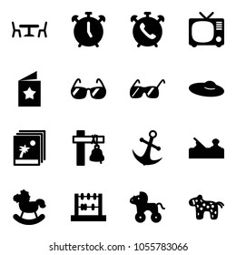 Solid vector icon set - cafe vector, alarm clock, phone, tv, star postcard, sunglasses, woman hat, photo, ship bell, anchor, jointer, rocking horse, abacus, wheel, toy