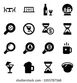 Solid vector icon set - cafe vector, automatic doors, wine, snowball house, bacteria, no alcohol sign, account history, sand clock, magnifier, head hunter, search money, green tea, drink, beer