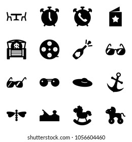 Solid vector icon set - cafe vector, alarm clock, phone, star postcard, money chest, film coil, fizz opening, sunglasses, woman hat, anchor, dragonfly, jointer, rocking horse, wheel