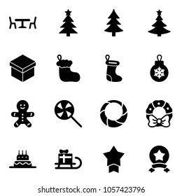 Solid vector icon set - cafe vector, christmas tree, gift, sock, ball, cake man, lollipop, wreath, sleigh, star medal
