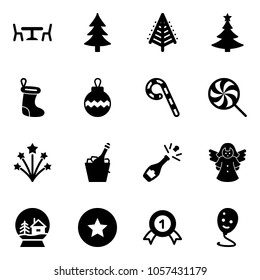 Solid vector icon set - cafe vector, christmas tree, sock, ball, lollipop, firework, champagne, angel, snowball house, star medal, gold, balloon smile