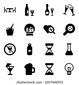 Solid vector icon set - cafe vector, wine, glasses, champagne, snowball house, heart diagnosis, bacteria, no alcohol sign, milk, sand clock, flask, drink, beer, bulb