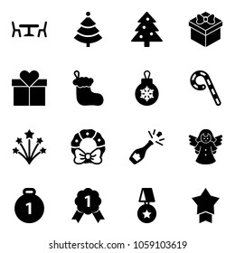 Solid vector icon set - cafe vector, christmas tree, gift, sock, ball, lollipop, firework, wreath, champagne, angel, gold medal, star