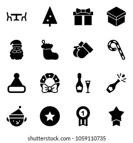 Solid vector icon set - cafe vector, christmas tree, gift, santa claus, sock, gloves, lollipop, hat, wreath, wine, champagne, elf, star medal, gold