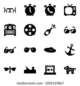 Solid vector icon set - cafe vector, alarm clock, phone, tv, money chest, film coil, fizz opening, sunglasses, woman hat, anchor, dragonfly, jointer, abacus, toy horse