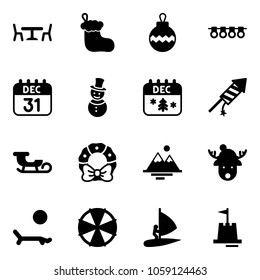 Solid vector icon set - cafe vector, christmas sock, ball, garland, 31 dec calendar, snowman, firework rocket, sleigh, wreath, mountains, deer hat, lounger, parasol, windsurfing, sand castle