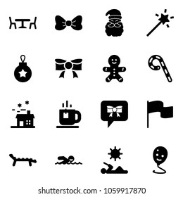 Solid vector icon set - cafe vector, bow, santa claus, Magic wand, christmas ball, cake man, lollipop, house, tea, message, flag, lounger, swimming, reading, balloon smile
